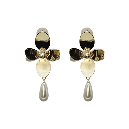 Elegant Gold Blossom Drop Earrings with Pearl Charm – Premium Statement Jewelry