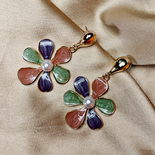 Vintage Floral Drop Earrings – Multicolor Petal Design with Pearl Center