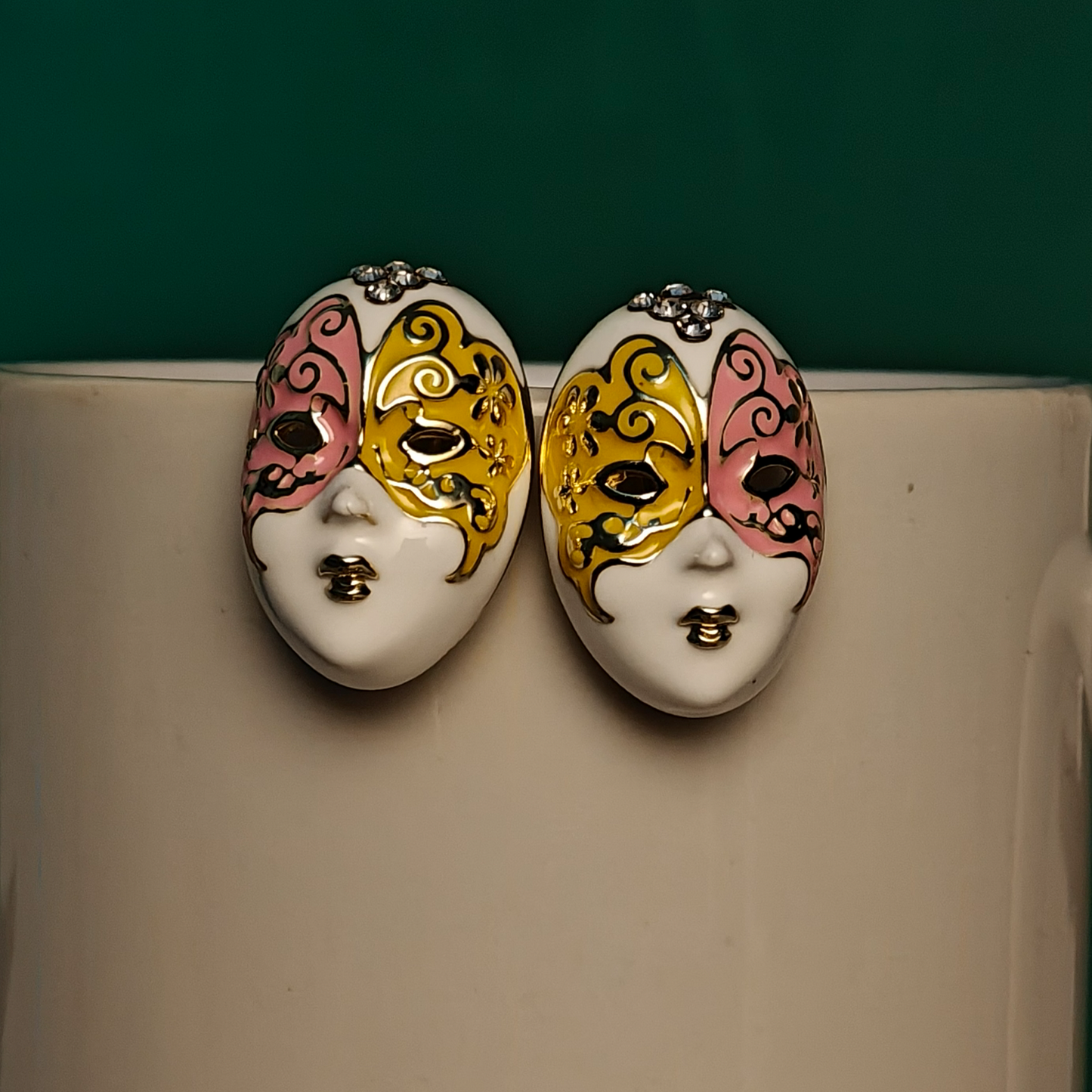 Venetian Masquerade Enamel Stud Earrings – Pink & Gold Artistic Statement Jewelry