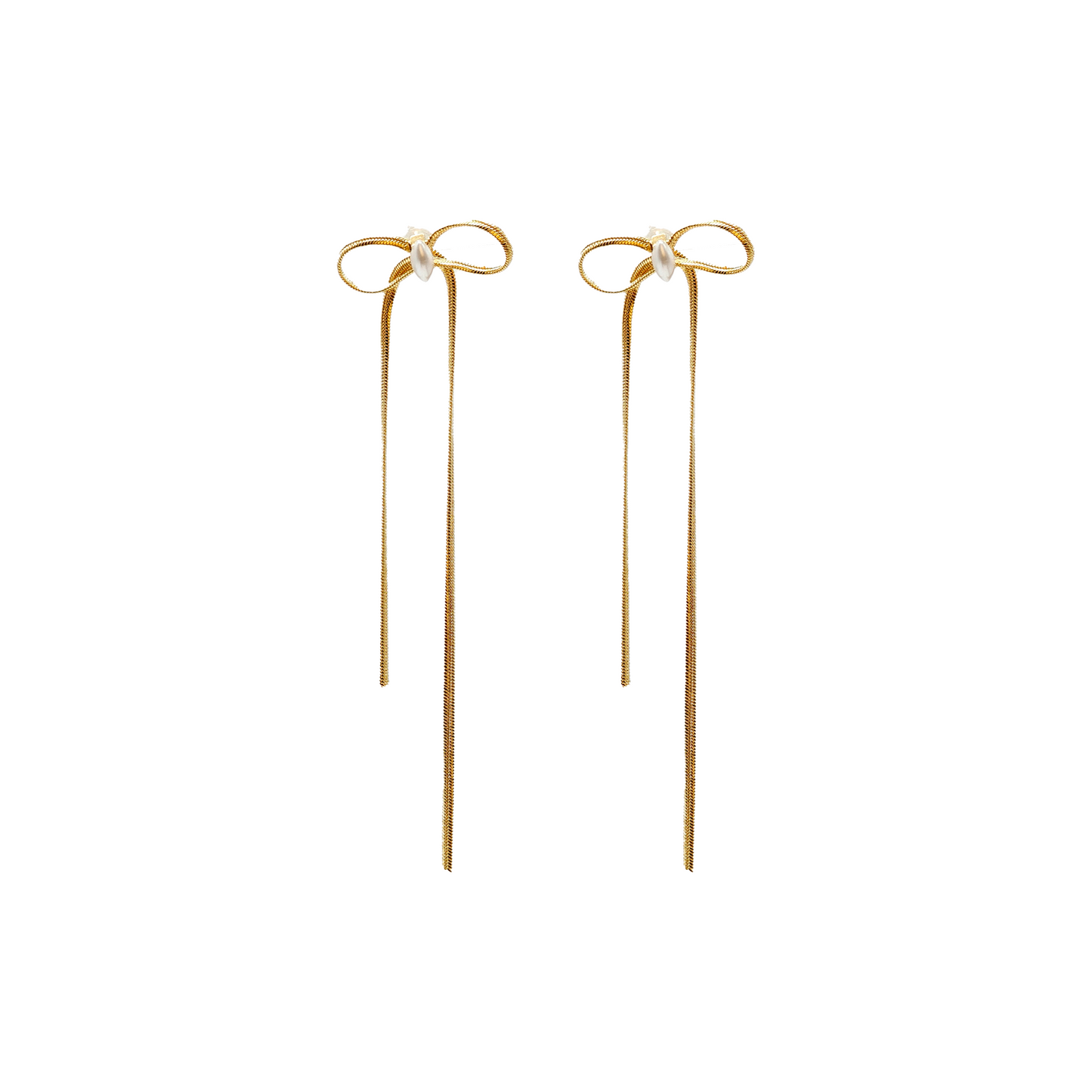 Elegant Pearl Bow Long Drop Earrings – Gold Plated | Gaurangi