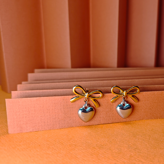 Golden Bow Charm Heart Drop Earrings