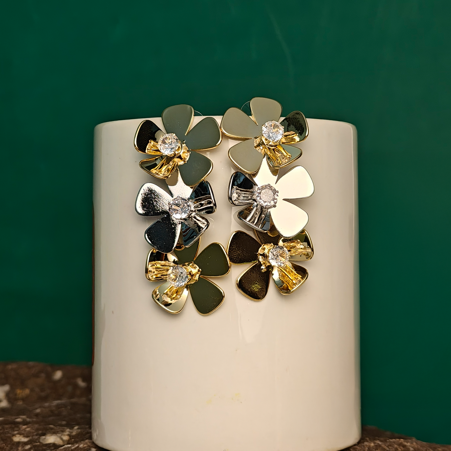 Gaurangi Bloomstone Dual-Tone Floral Statement Earrings – Gold & Black Enamel with Sparkling Crystals