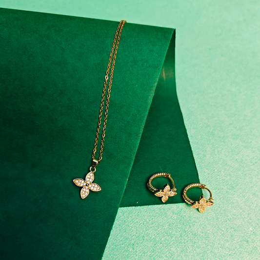 Floral Pendant Necklace & Earrings Set – Zirconia Crystal, Adjustable