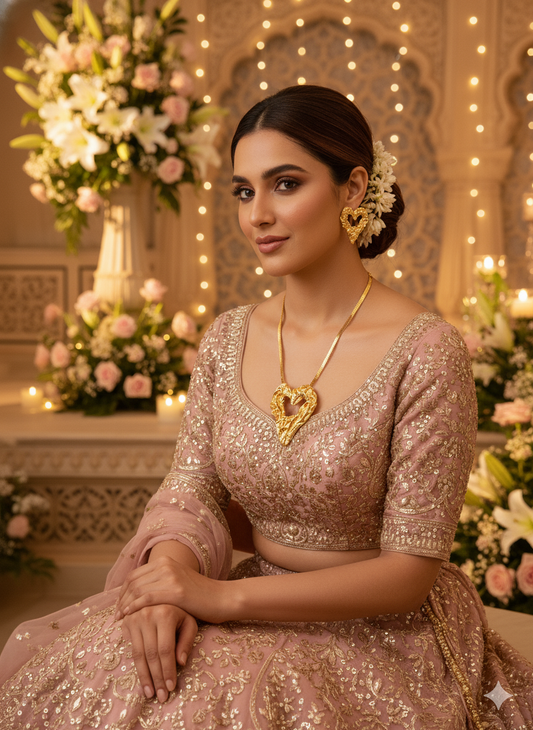 Gaurangi Luxe Heart Gold Necklace Set – Elegant Textured Heart Pendant with Matching Earrings for Women