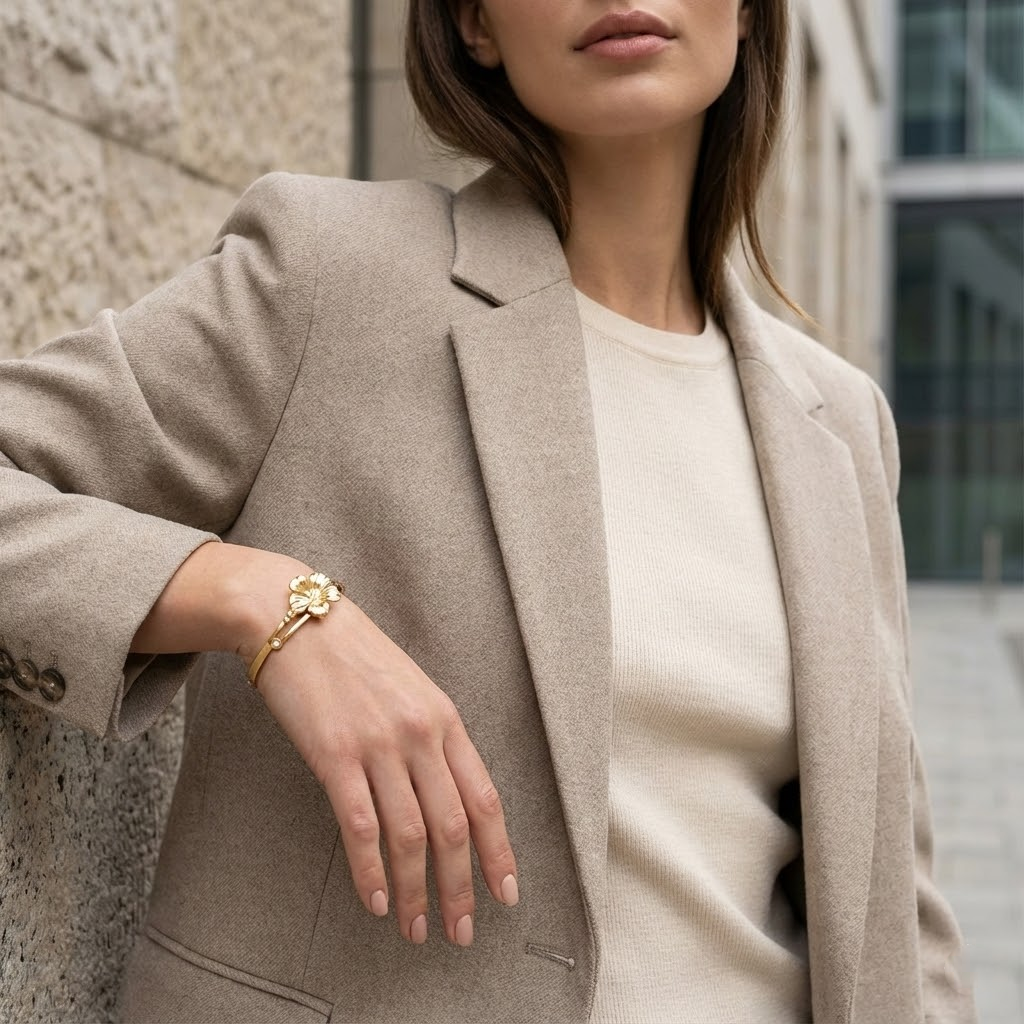 Gold Hibiscus Flower Bangle Bracelet with Crystal Accent