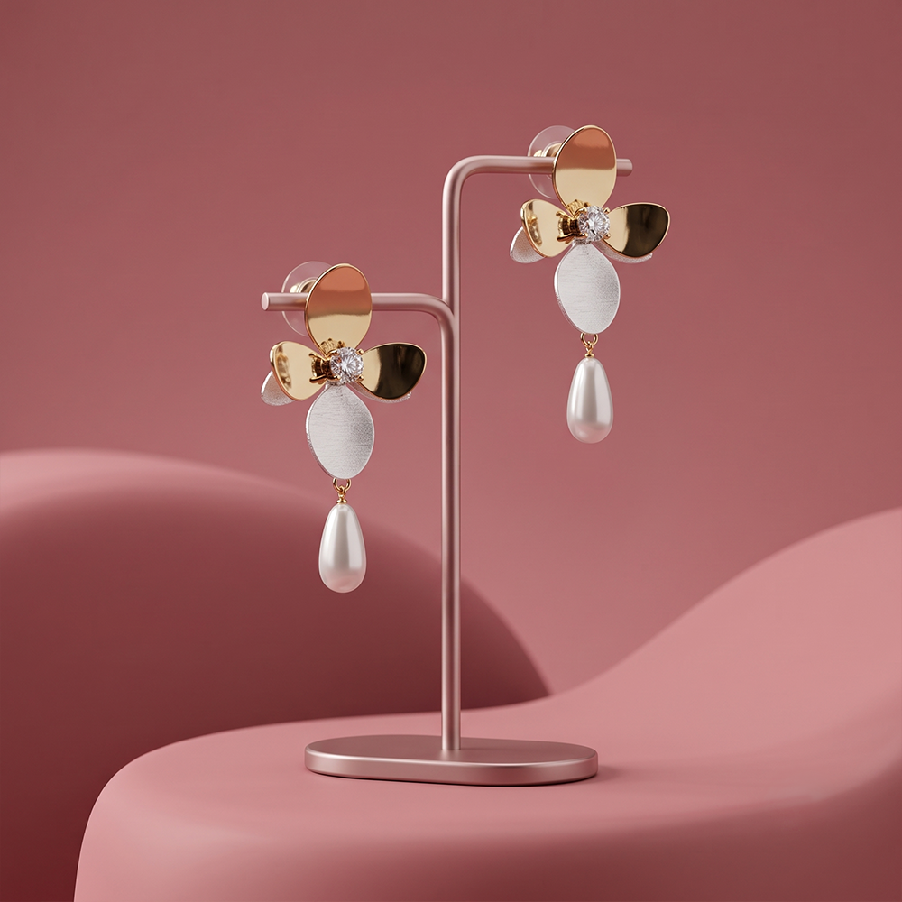 Gold plated floral drop earrings with mixed metal petals, sparkling center stone and white pearl pendant displayed on a jewelry stand