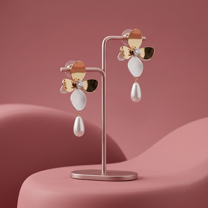 Gold plated floral drop earrings with mixed metal petals, sparkling center stone and white pearl pendant displayed on a jewelry stand