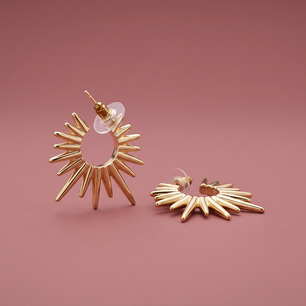 Gold open-hoop sunburst stud earrings with 13 radiating spikes and polished stainless steel gold plating
