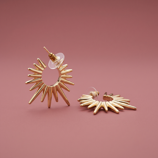 Gold open-hoop sunburst stud earrings with 13 radiating spikes and polished stainless steel gold plating