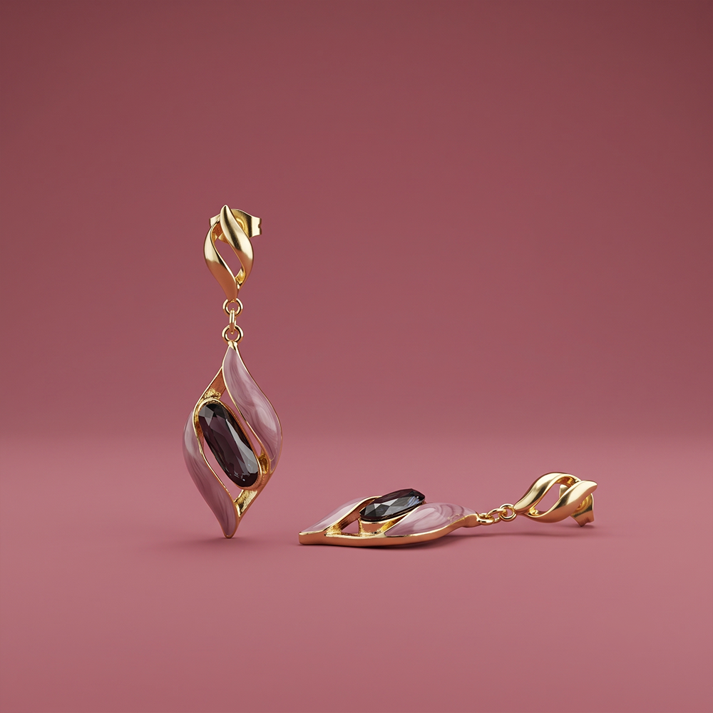 Gold plated articulated drop earrings with mauve enamel and faceted dark stone, front view
