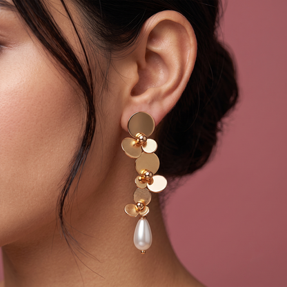 Gaurangi gold tone statement drop earrings with pearl detail worn by woman