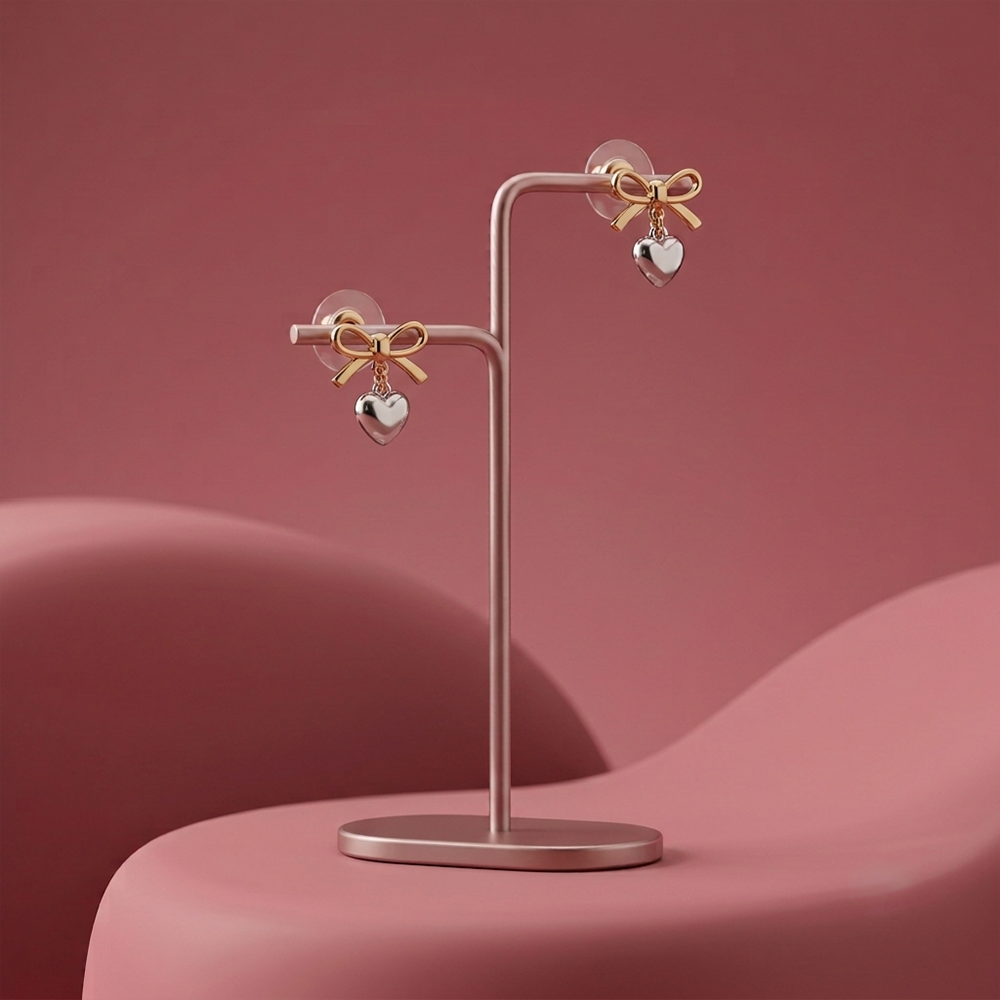Gold-tone bow and silver heart drop earrings displayed on a metal jewellery stand against a dusty pink background