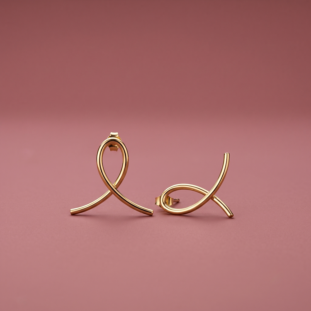 Abstract ribbon loop stud earrings in polished yellow gold with crossed tubular loop design
