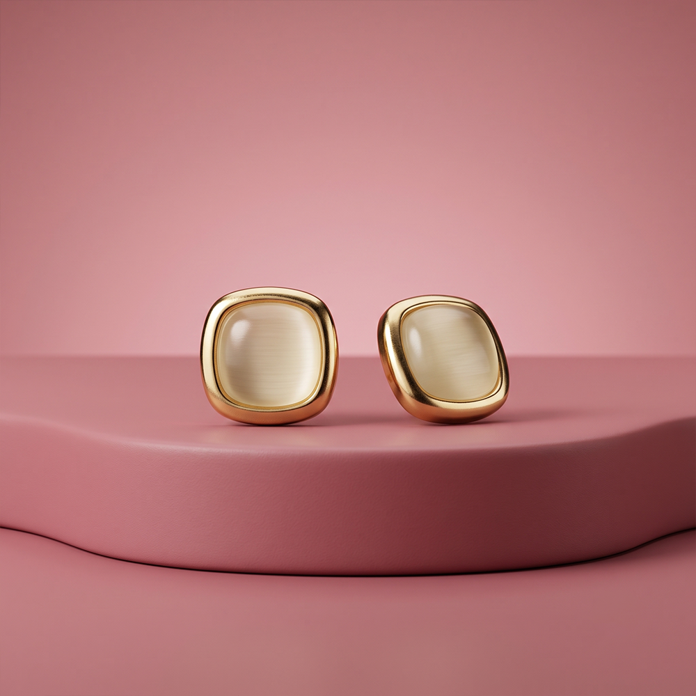 Gold plated square cabochon stud earrings with warm cream cat-eye stone and rounded corners