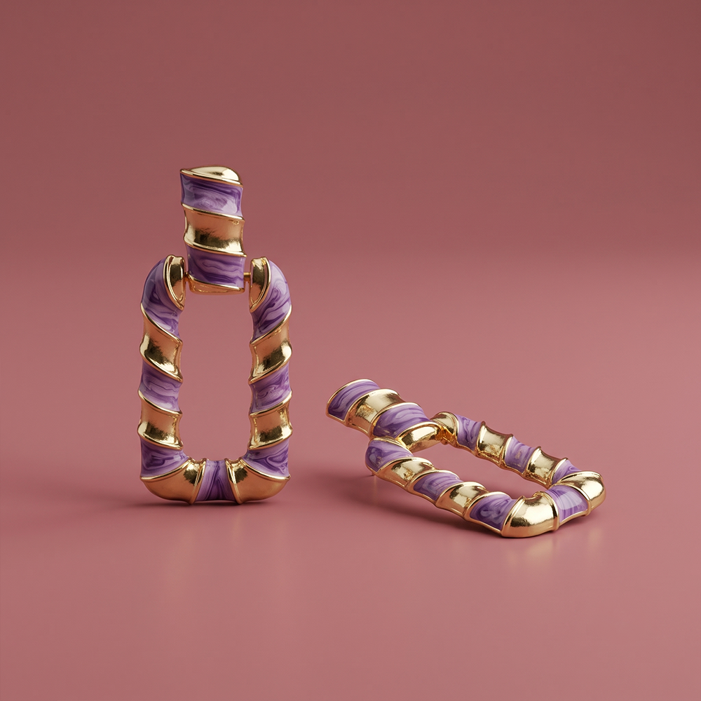 Purple marbled enamel and gold-plated rectangular twisted drop earrings with geometric statement design