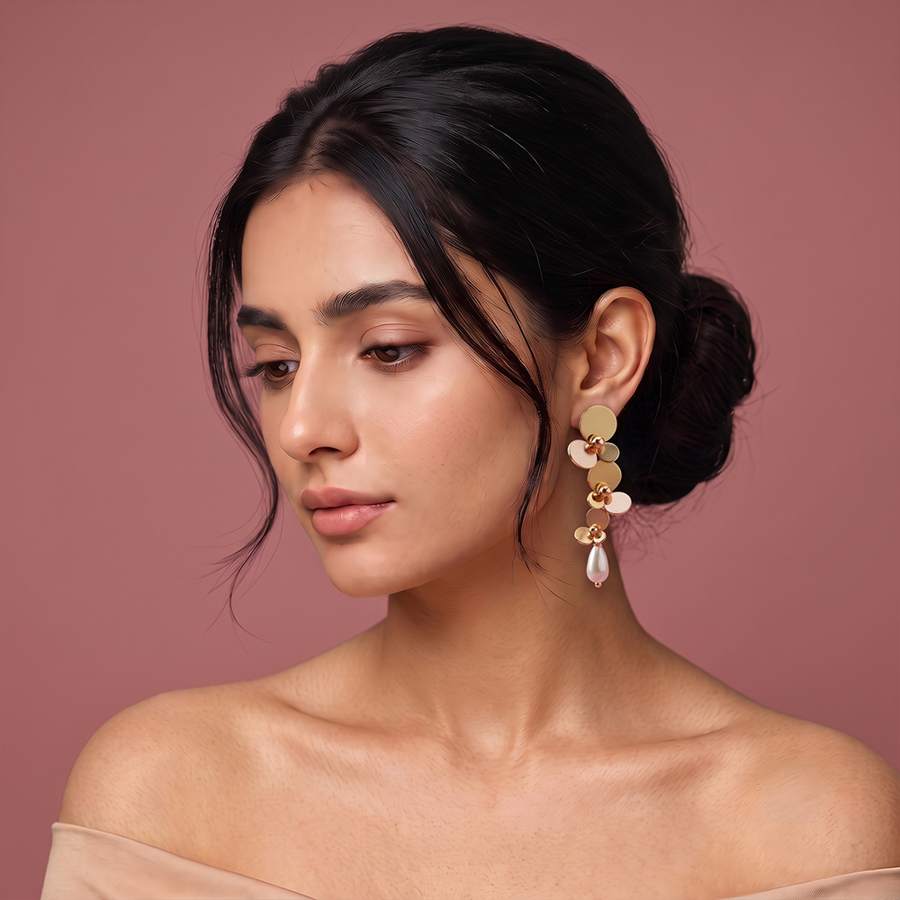 Gaurangi gold tone floral drop earrings with pearl detail styled on woman