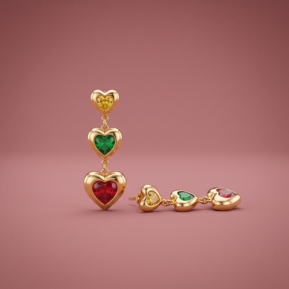 Gold plated three-tier heart drop earrings with yellow, green and red faceted stones