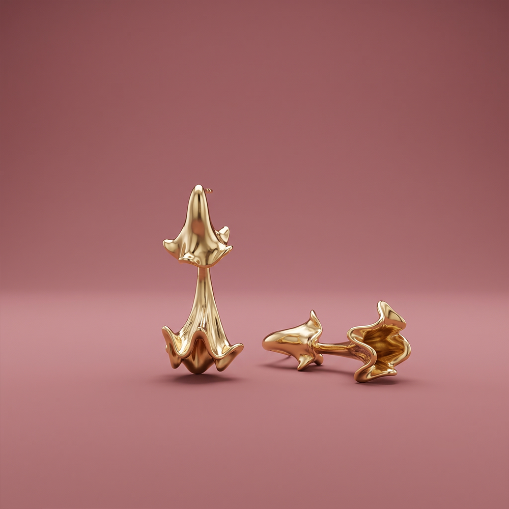 4cm polished gold botanical tiered drop earrings with fixed post and push-back closure