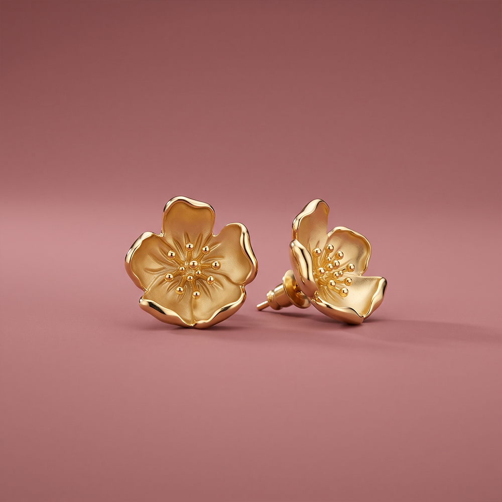 Oversized 3D sculpted gold floral stud earrings with five concave petals and raised stamen center