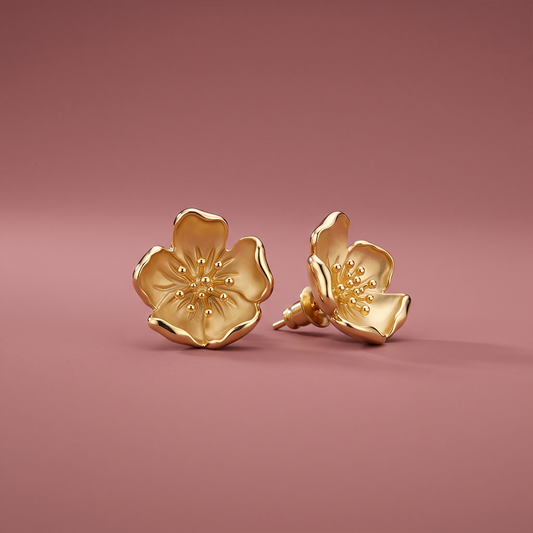 Oversized 3D sculpted gold floral stud earrings with five concave petals and raised stamen center
