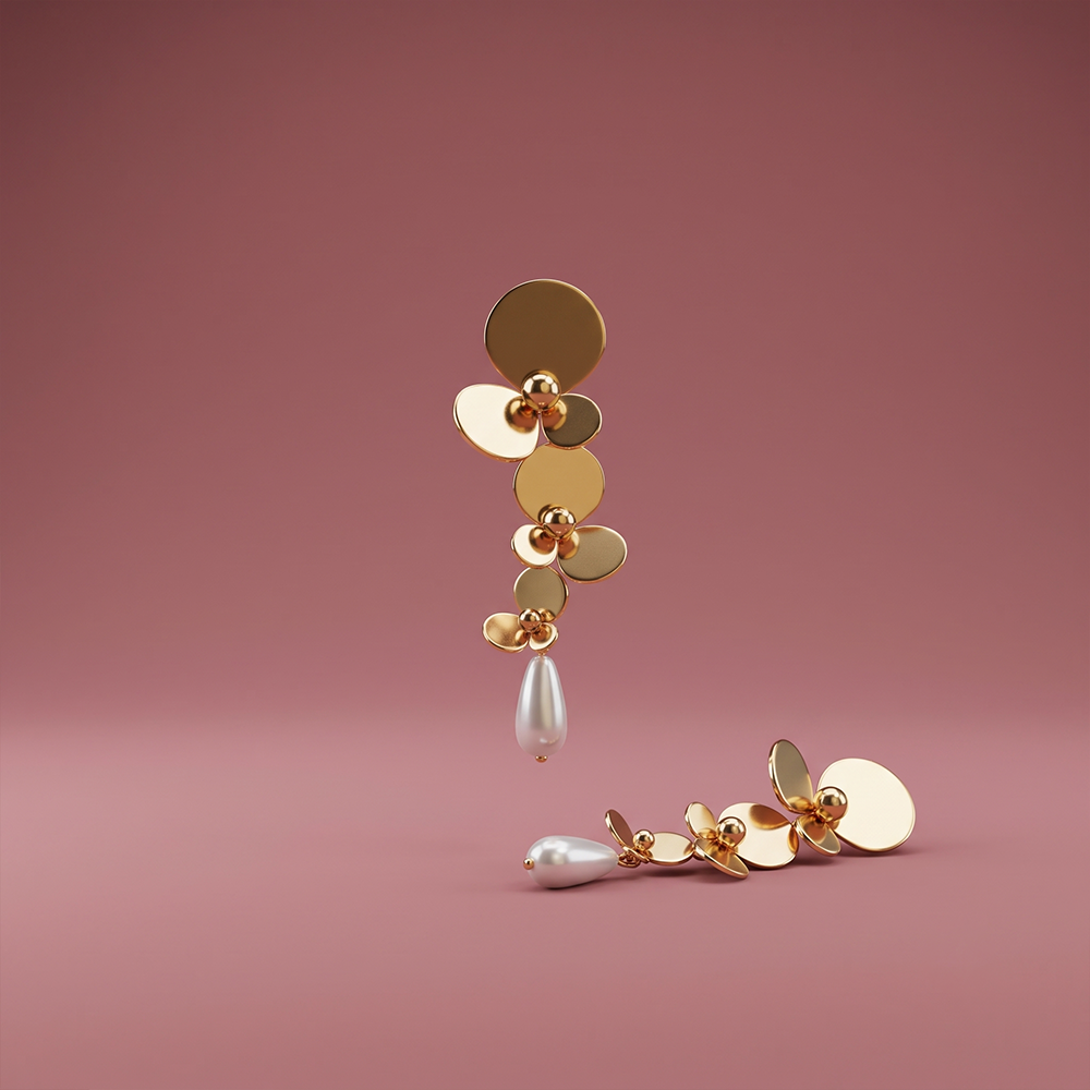 Gold floral cascade drop earrings with layered discs and teardrop pearl