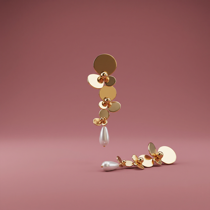 Gold floral cascade drop earrings with layered discs and teardrop pearl