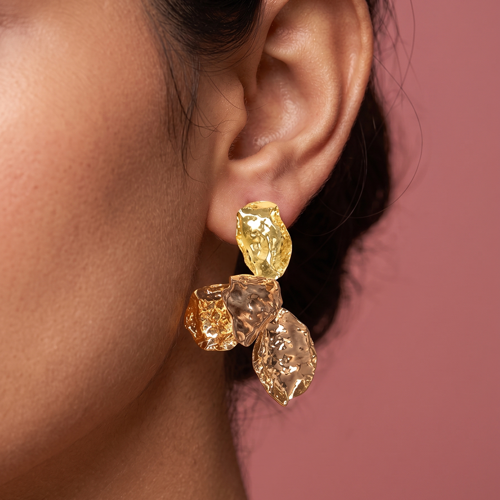 Statement Stud Earrings, Gold Plated Stainless Steel, Hammered Yellow Gold