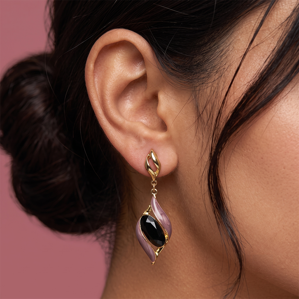Gold plated drop earrings, 7cm long, shown worn on ear