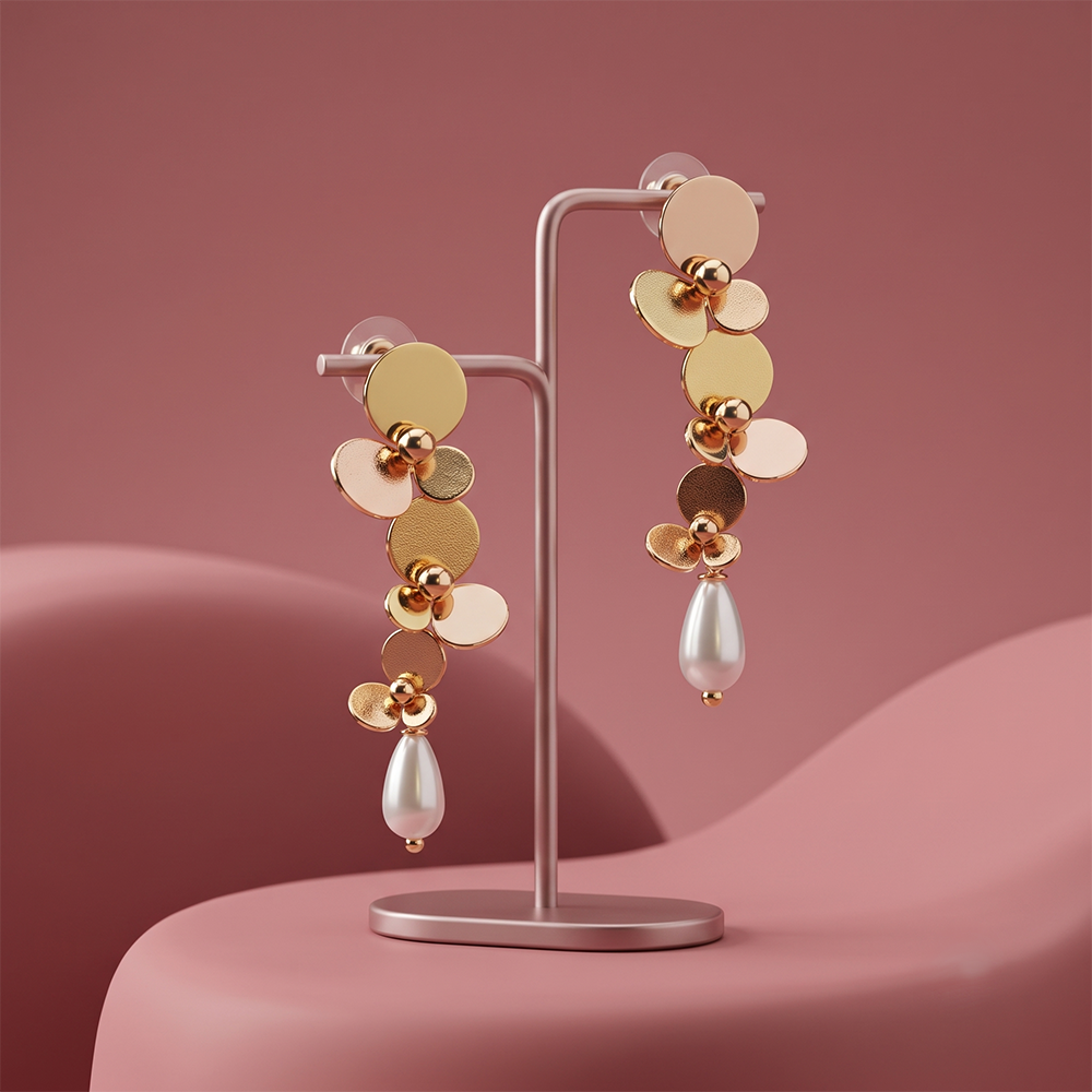 Gaurangi gold tone statement drop earrings with white pearl drops on jewellery stand