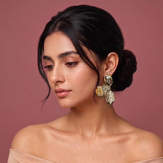 Statement Stud Earrings, Gold Plated Stainless Steel, Hammered Yellow Gold
