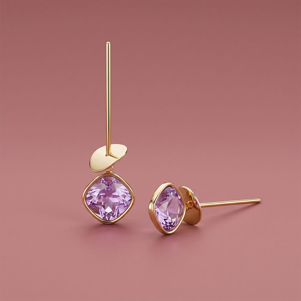Gold threader drop earrings with cushion-cut lavender purple stone and rigid hook back