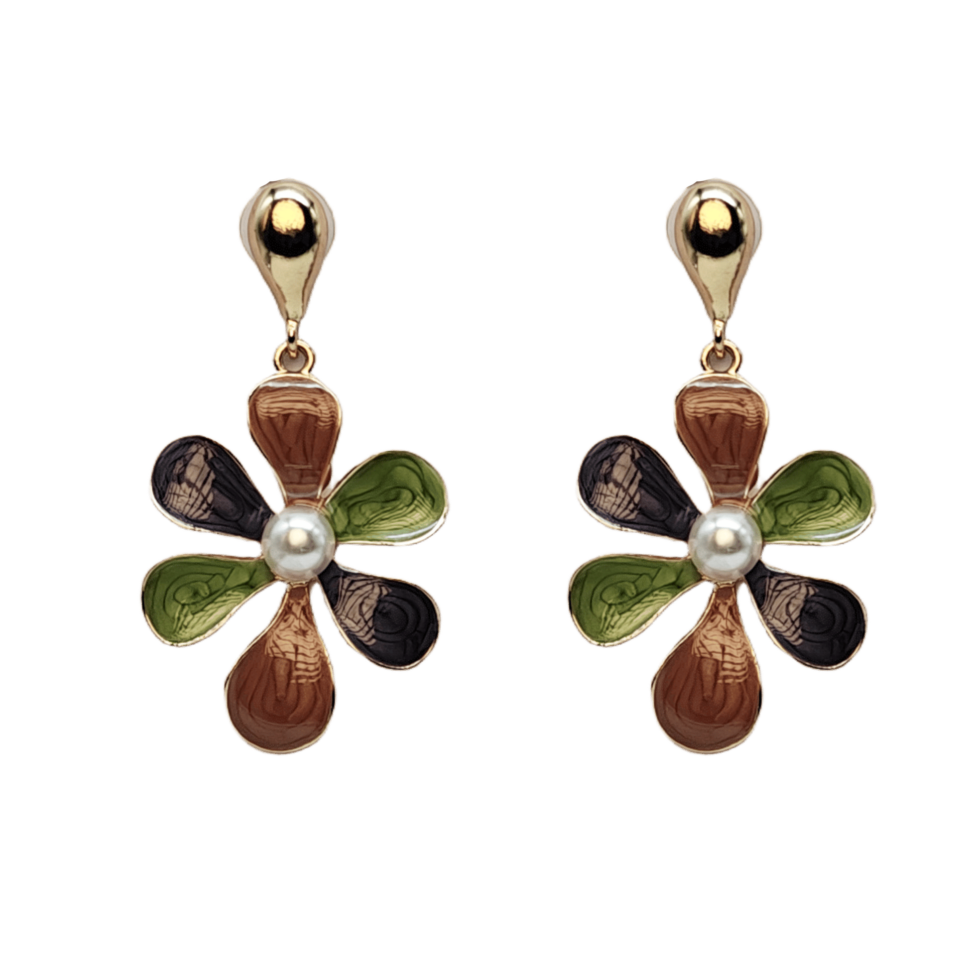 Vintage Floral Drop Earrings – Multicolor Petal Design with Pearl Center
