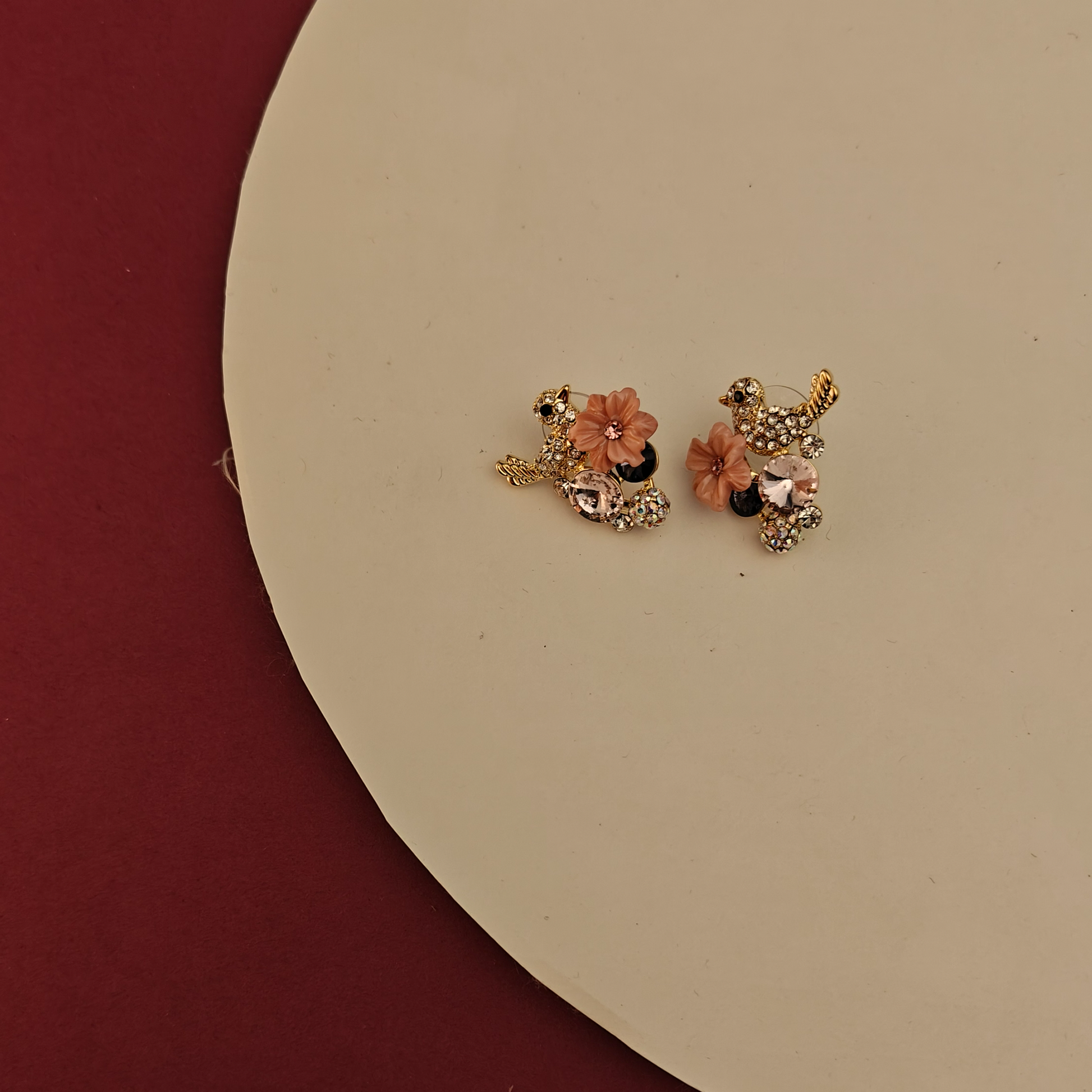 Enchanted Blossom Bird Stud Earrings – Pink Floral Crystal Studs