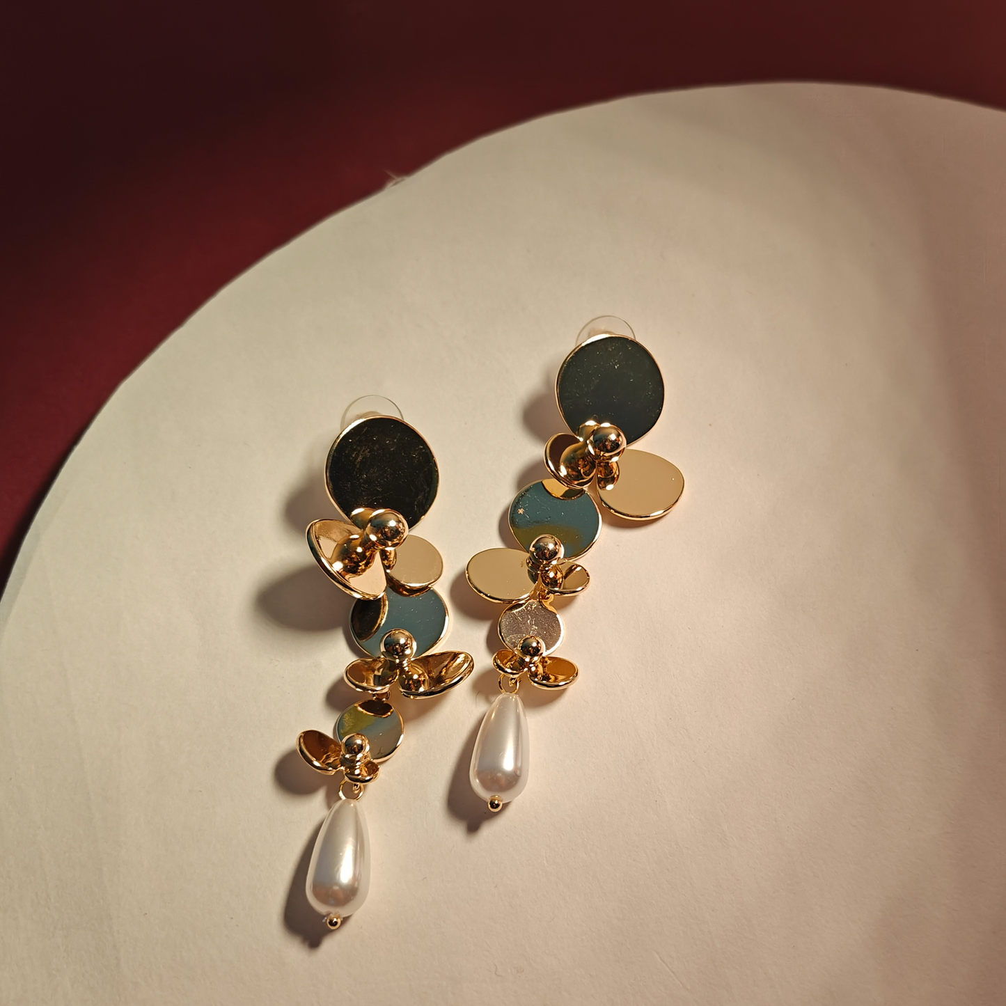Golden Bloom Cascading Floral Earrings with Pearl Drop – Statement Wedding & Party Jewelry by Gaurangi