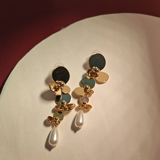 Golden Bloom Cascading Floral Earrings with Pearl Drop – Statement Wedding & Party Jewelry by Gaurangi