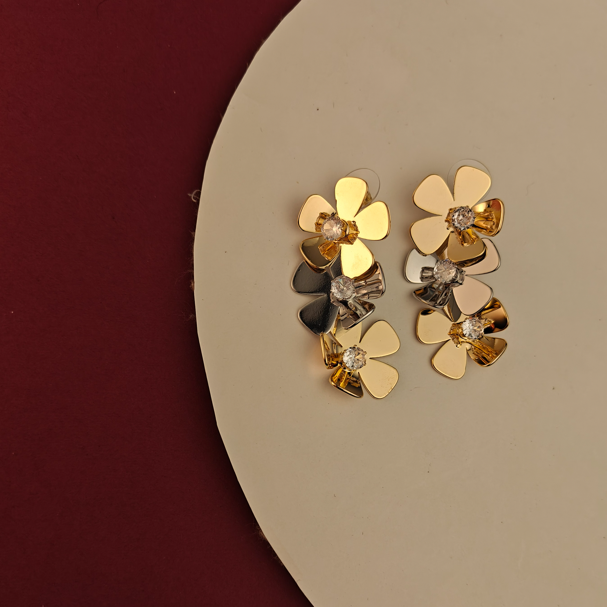 Gaurangi Bloomstone Dual-Tone Floral Statement Earrings – Gold & Black Enamel with Sparkling Crystals