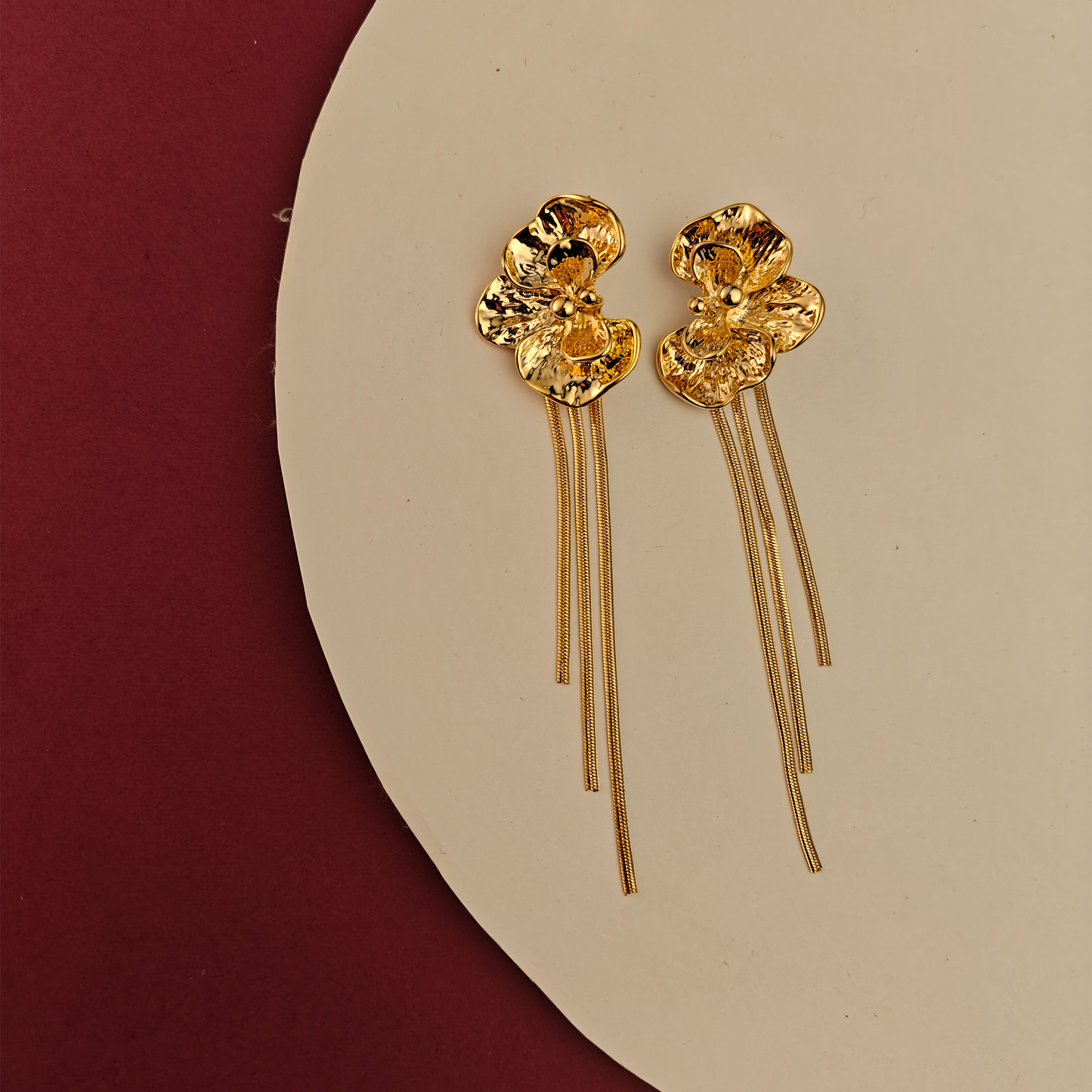 Gaurangi Gold-Plated Floral Statement Dangler Earrings with Long Tassels | Premium Party & Wedding Wear Jewelry