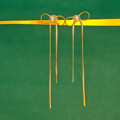 Elegant Pearl Bow Long Drop Earrings – Gold Plated | Gaurangi