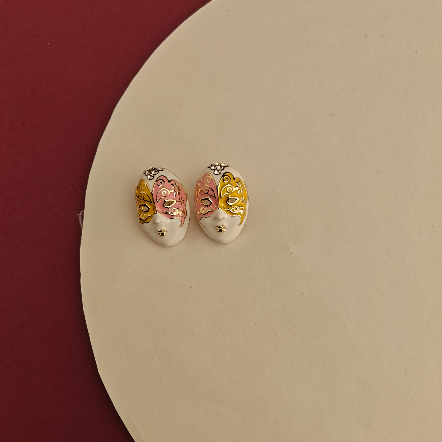 Venetian Masquerade Enamel Stud Earrings – Pink & Gold Artistic Statement Jewelry