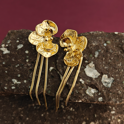 Gaurangi Gold-Plated Floral Statement Dangler Earrings with Long Tassels | Premium Party & Wedding Wear Jewelry