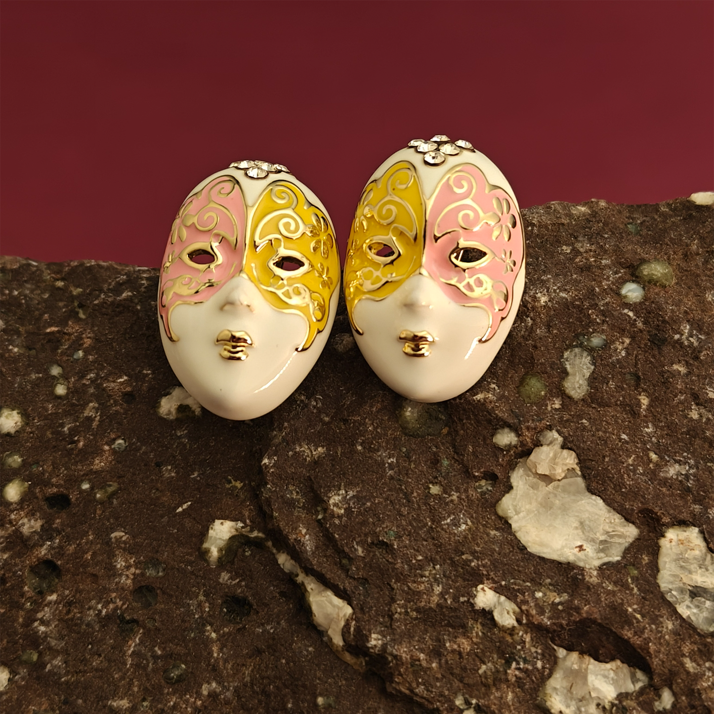 Venetian Masquerade Enamel Stud Earrings – Pink & Gold Artistic Statement Jewelry