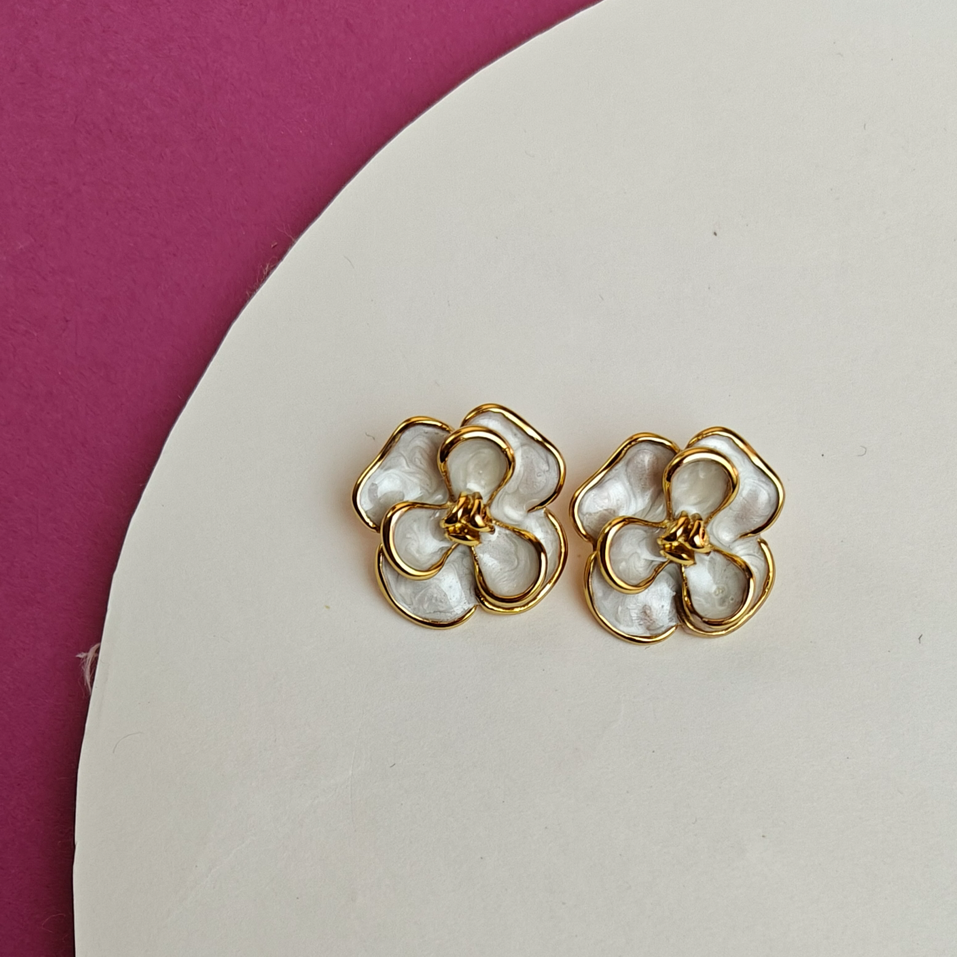 White Enamel Floral Stud Earrings | Elegant Gold-Plated Flower Earrings for Women | Gaurangi Designer Jewelry