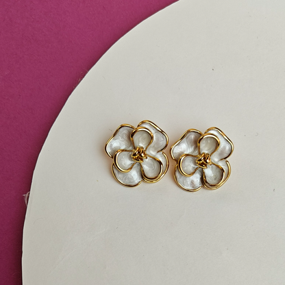 White Enamel Floral Stud Earrings | Elegant Gold-Plated Flower Earrings for Women | Gaurangi Designer Jewelry