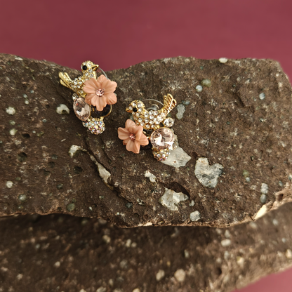 Enchanted Blossom Bird Stud Earrings – Pink Floral Crystal Studs