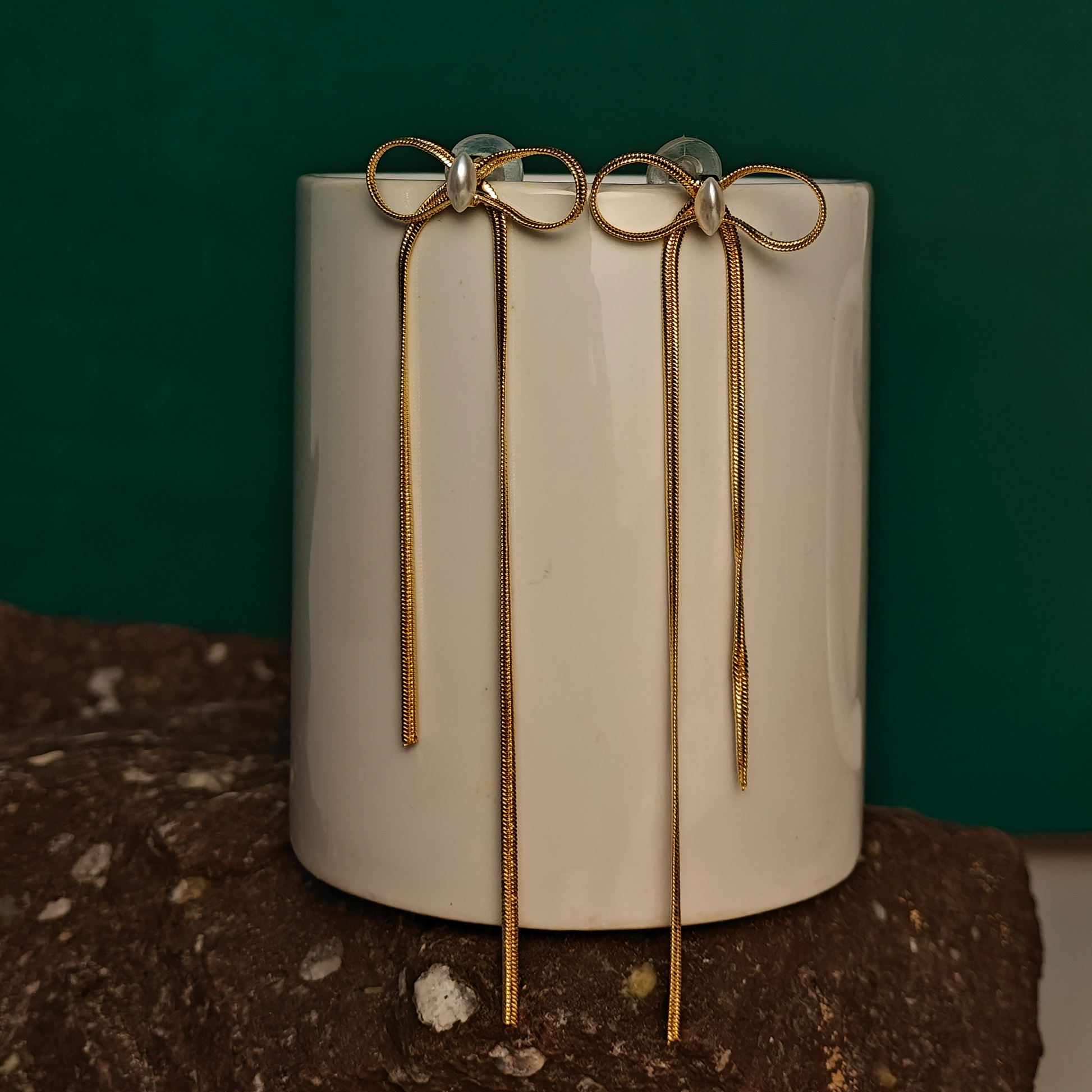 Elegant Pearl Bow Long Drop Earrings – Gold Plated | Gaurangi