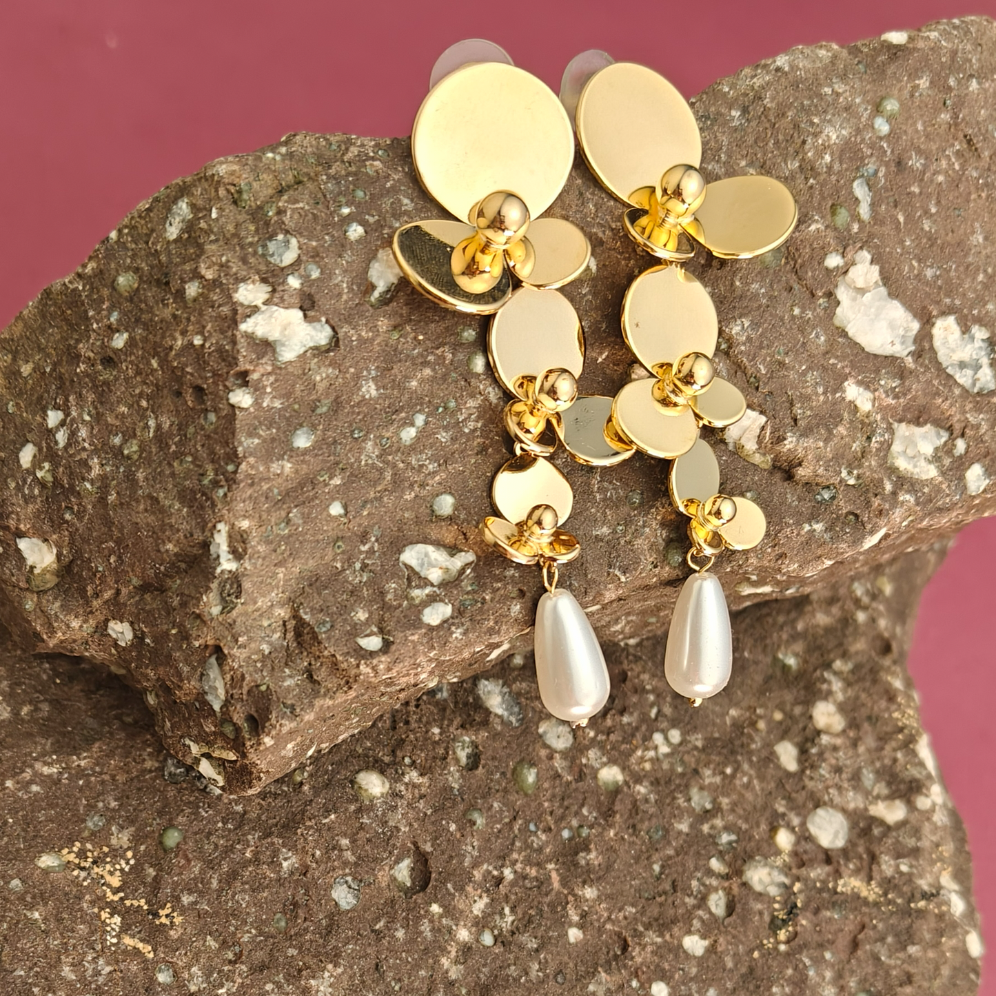 Golden Bloom Cascading Floral Earrings with Pearl Drop – Statement Wedding & Party Jewelry by Gaurangi