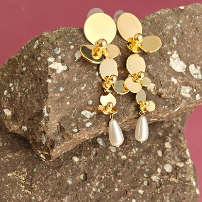 Golden Bloom Cascading Floral Earrings with Pearl Drop – Statement Wedding & Party Jewelry by Gaurangi