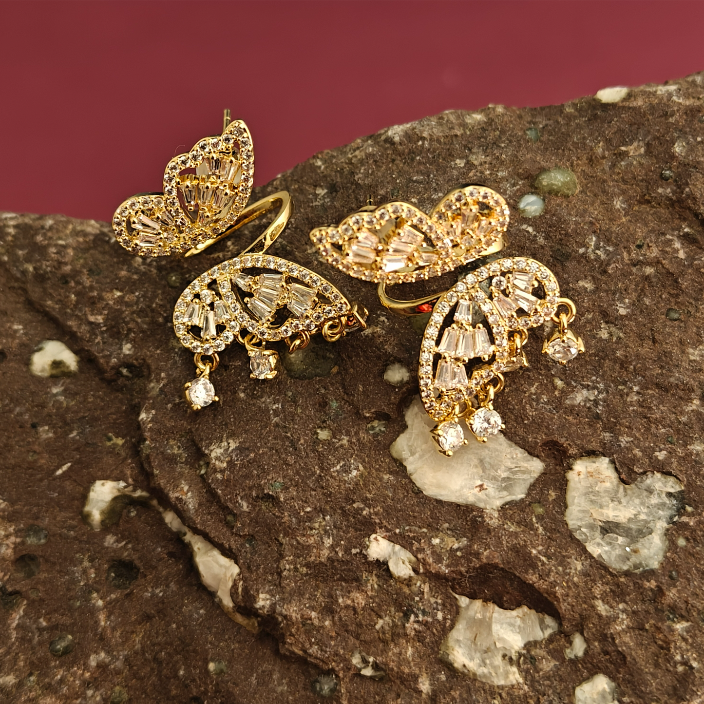 Gaurangi Sparkling Butterfly Dangle Earrings – Gold-Plated Statement Earrings with Crystal Detailing
