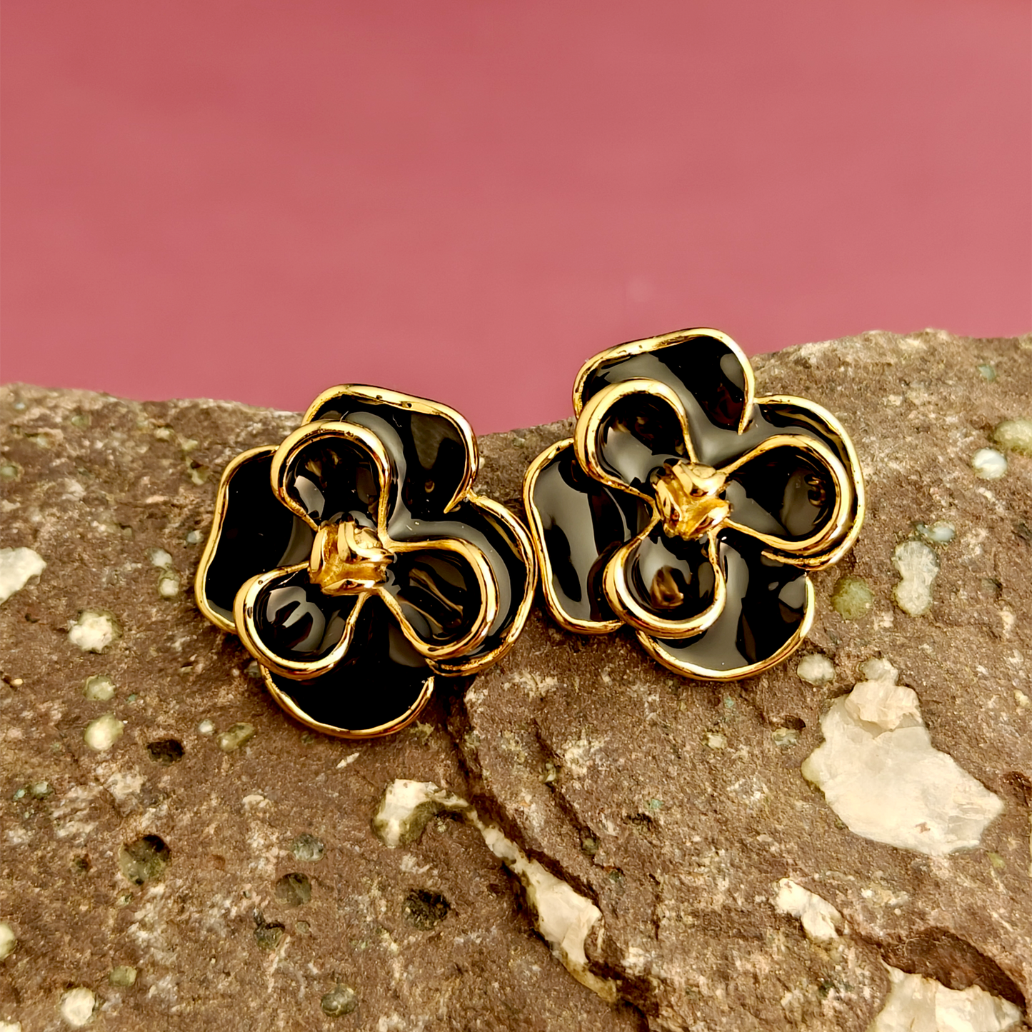 Black Enamel Floral Stud Earrings | Elegant Gold-Plated Flower Earrings for Women | Daily Wear & Party Wear Statement Studs