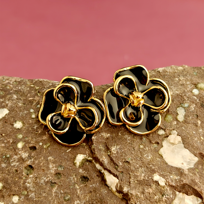 Black Enamel Floral Stud Earrings | Elegant Gold-Plated Flower Earrings for Women | Daily Wear & Party Wear Statement Studs